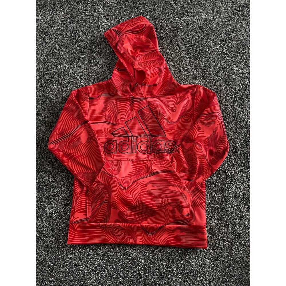Adidas Boys Hoodie Size 8 Red Allover Print Logo Pullover Kangaroo Pocket